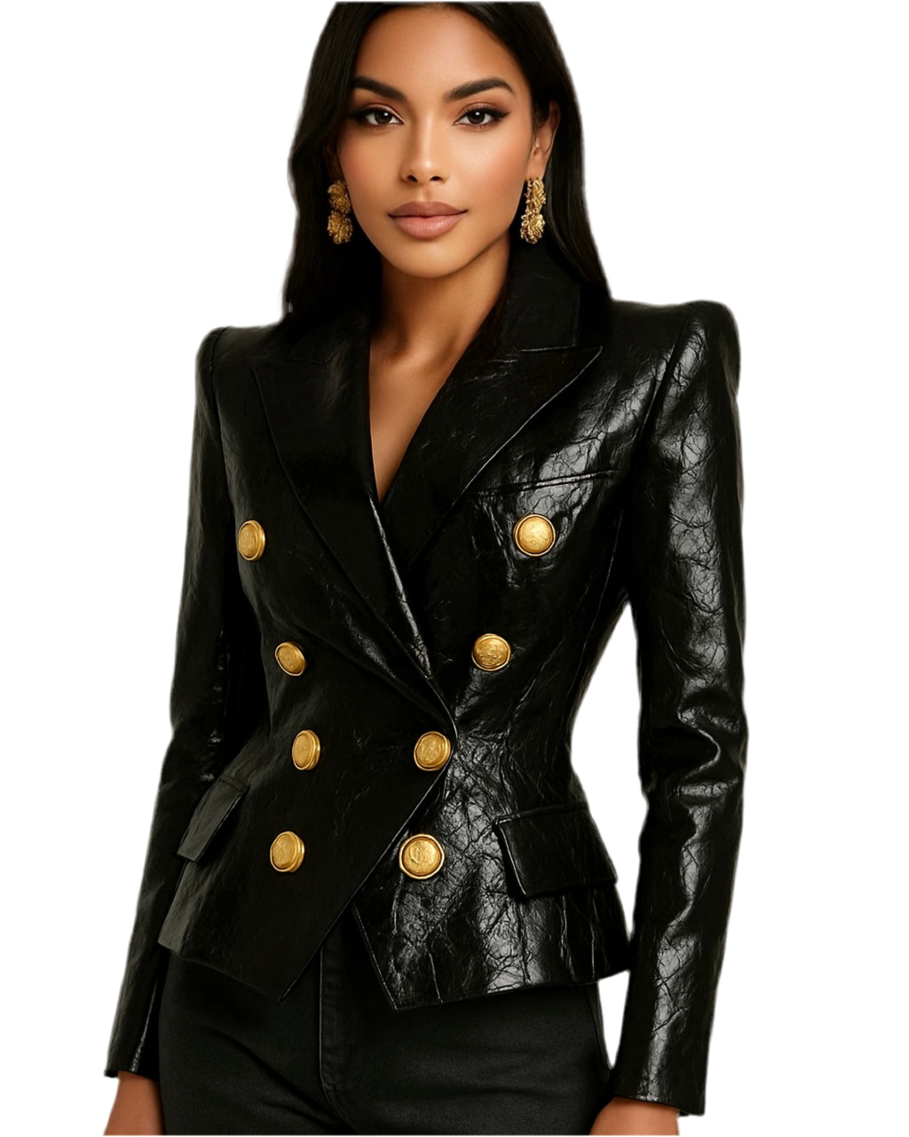 Black Embossed Croc Leather Gold Button Blazer