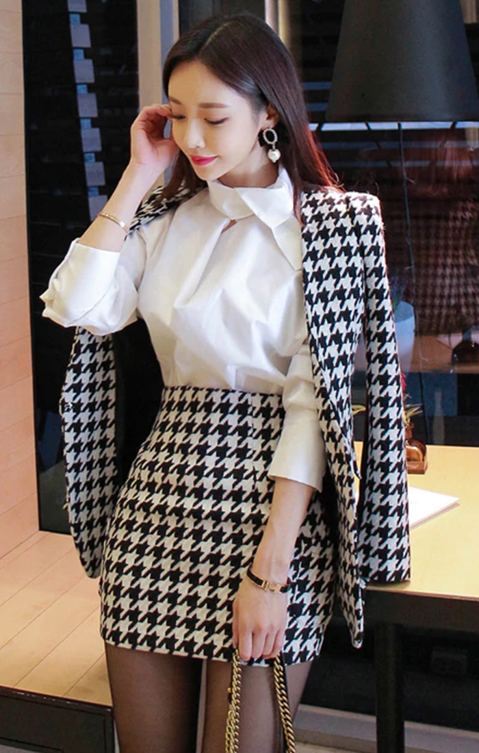 Houndstooth Piece Blazer Skirt Set