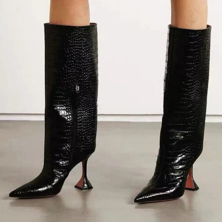 Black Knee High Croc Embossed Boots