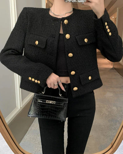 black tweed gold button jacket