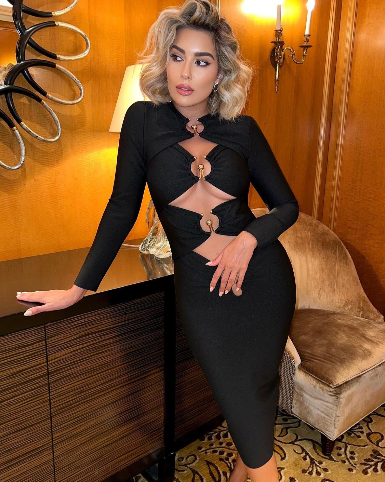 Black Long Sleeve Cut Out Metal Embellished Dress – Haute In Couture