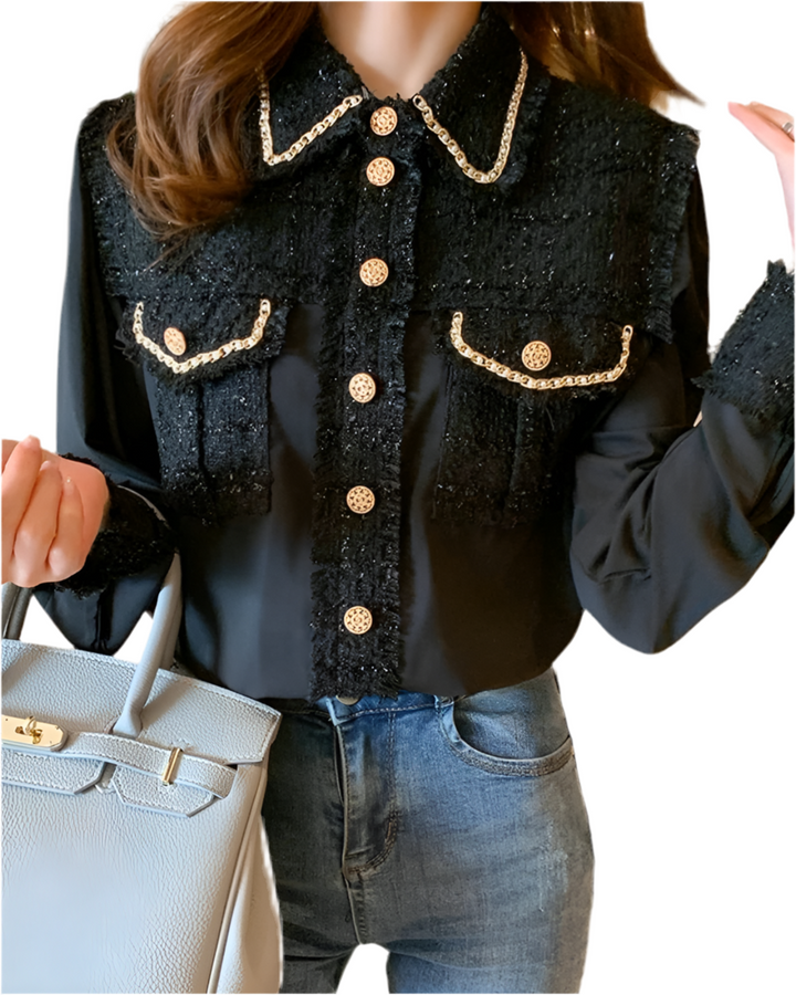 Tweed Silk Chain Gold Button Blouse