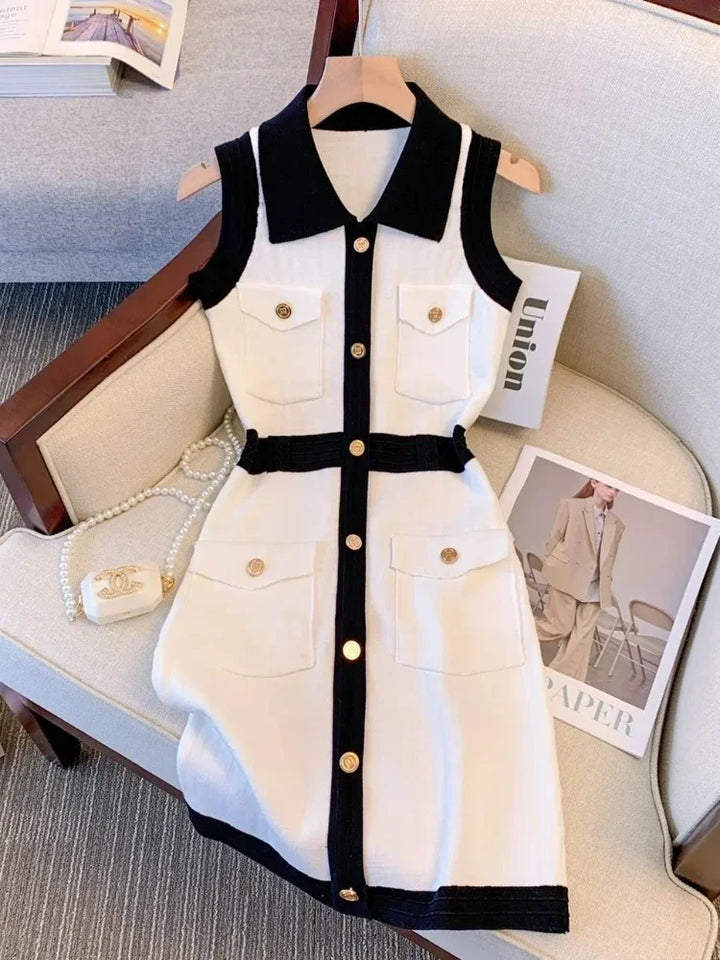 Black & White Couture Gold Button Sleeveless Dress