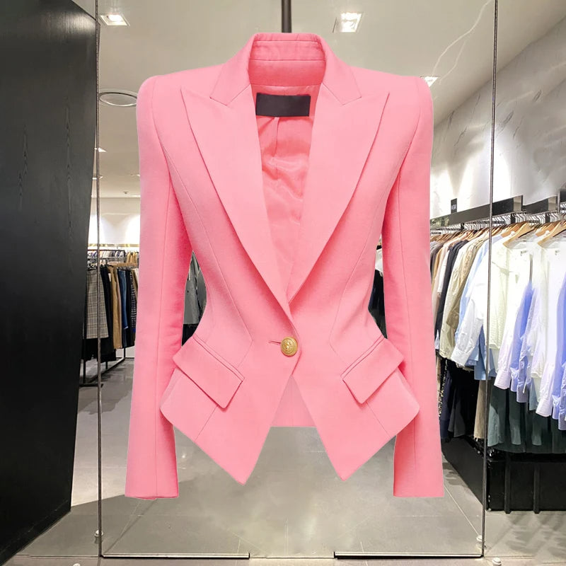 Baby Pink Peak Lapel Gold Button Blazer