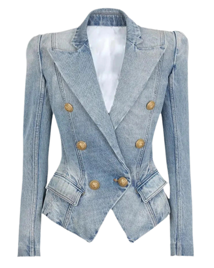 Denim Peak Lapel Double Breasted Gold Button Blazer