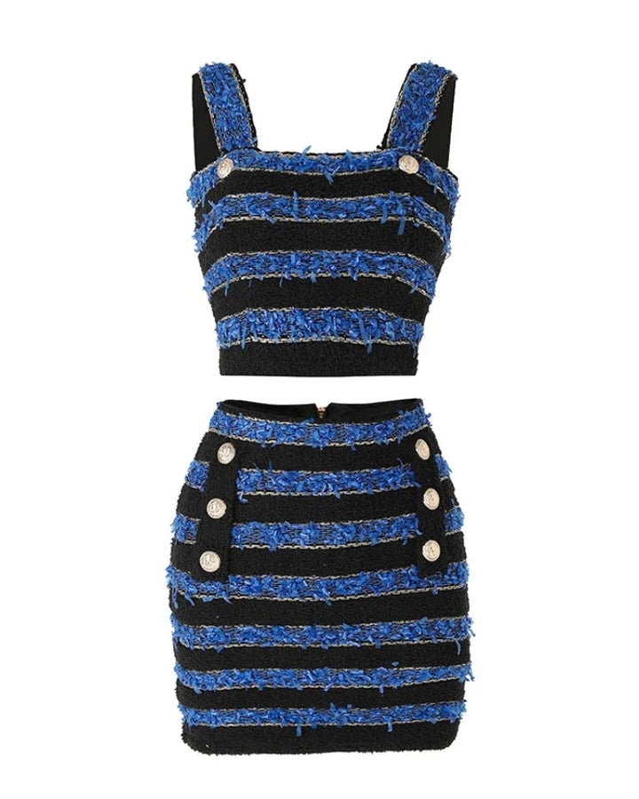 Blue & Black Tweed 2-Piece Crop Top & Skirt Set