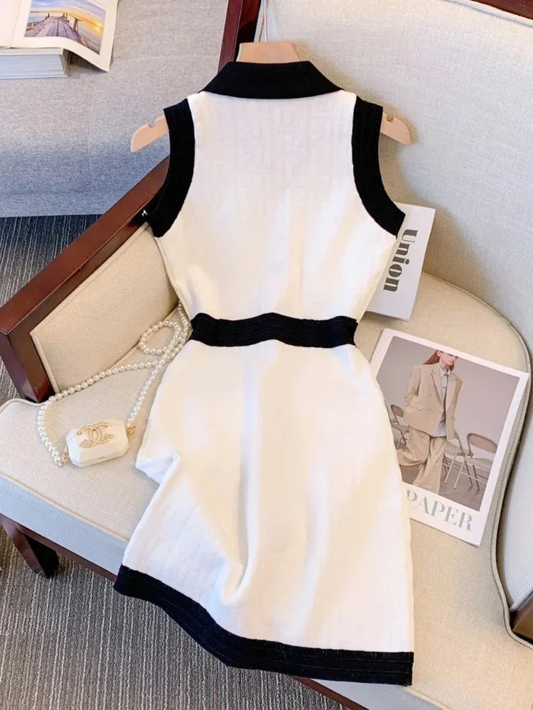 Black & White Couture Gold Button Sleeveless Dress