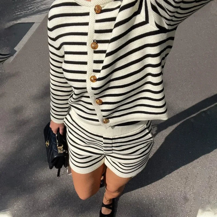 Mykonos Striped Gold Button Cardigan & Shorts Matching Set