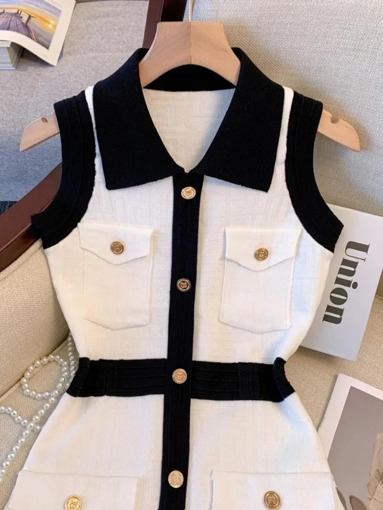 Black & White Couture Gold Button Sleeveless Dress