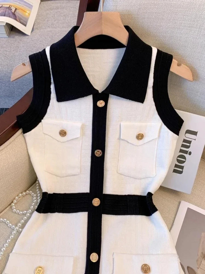 Black & White Couture Gold Button Sleeveless Dress