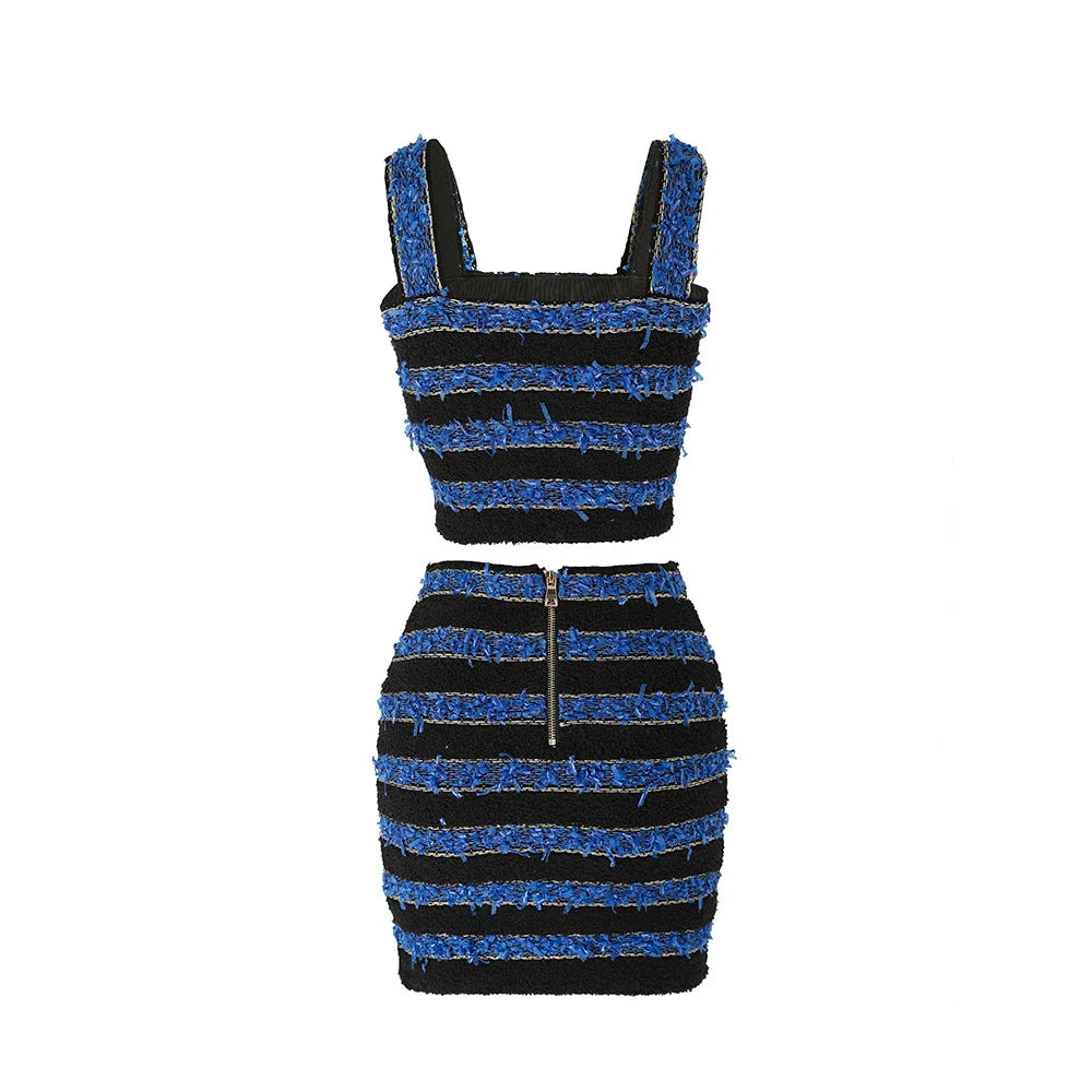 Blue & Black Tweed 2-Piece Crop Top & Skirt Set