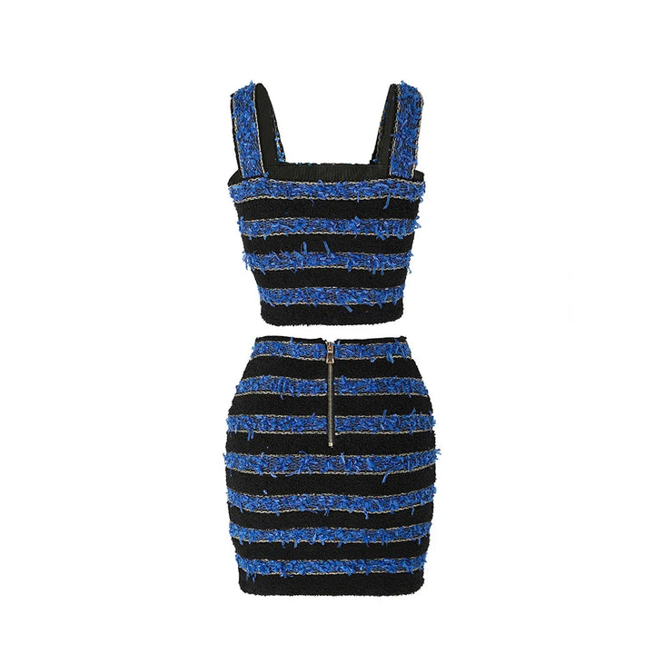 Blue & Black Tweed 2-Piece Crop Top & Skirt Set