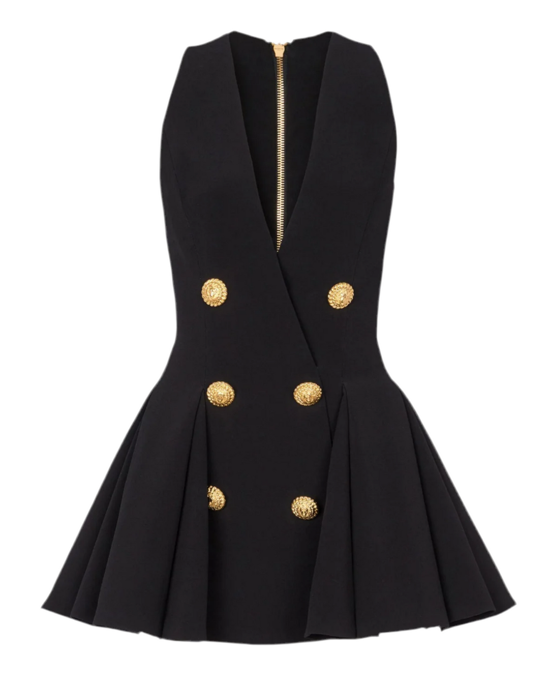 Black Gold Button Pleated Flare Mini Dress