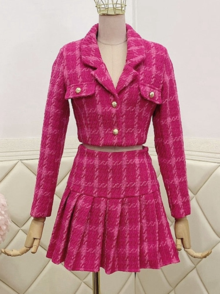 Pink Cropped Tweed Jacket & Pleated Skirt Set