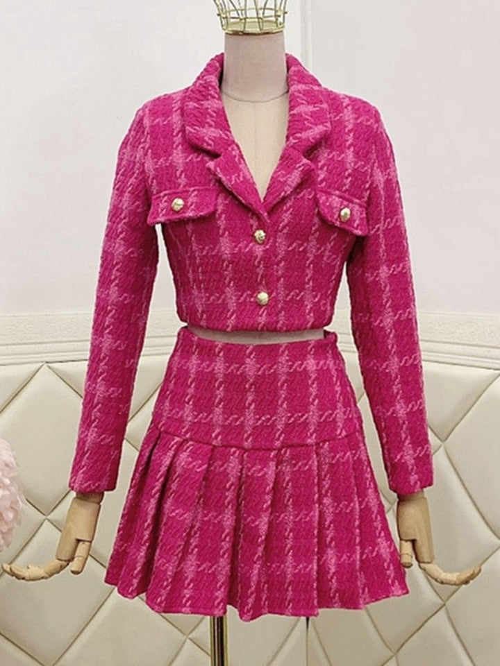Pink Cropped Tweed Jacket & Pleated Skirt Set