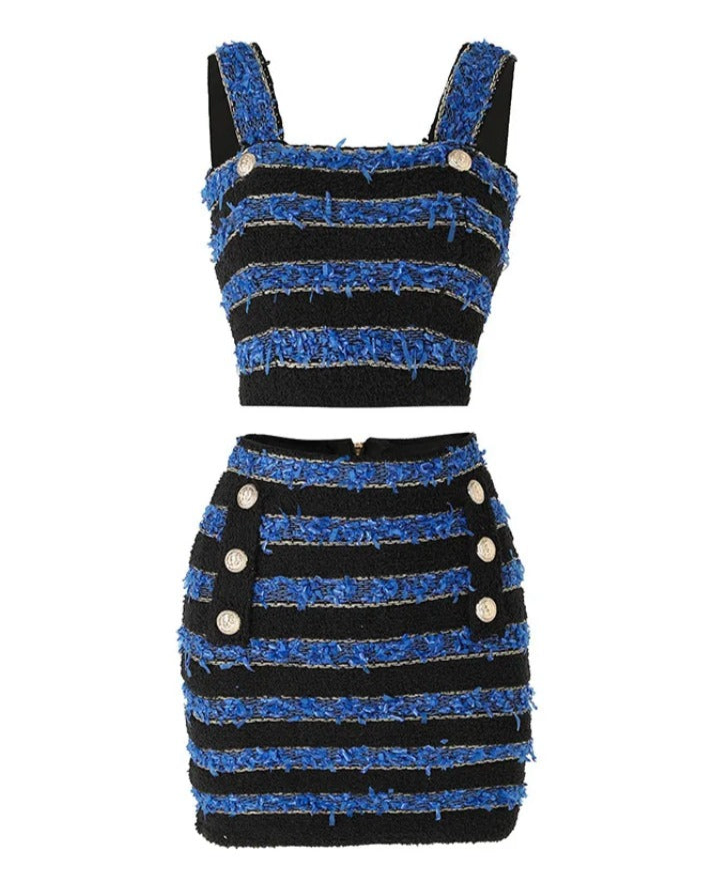 Blue & Black Tweed 2-Piece Crop Top & Skirt Set