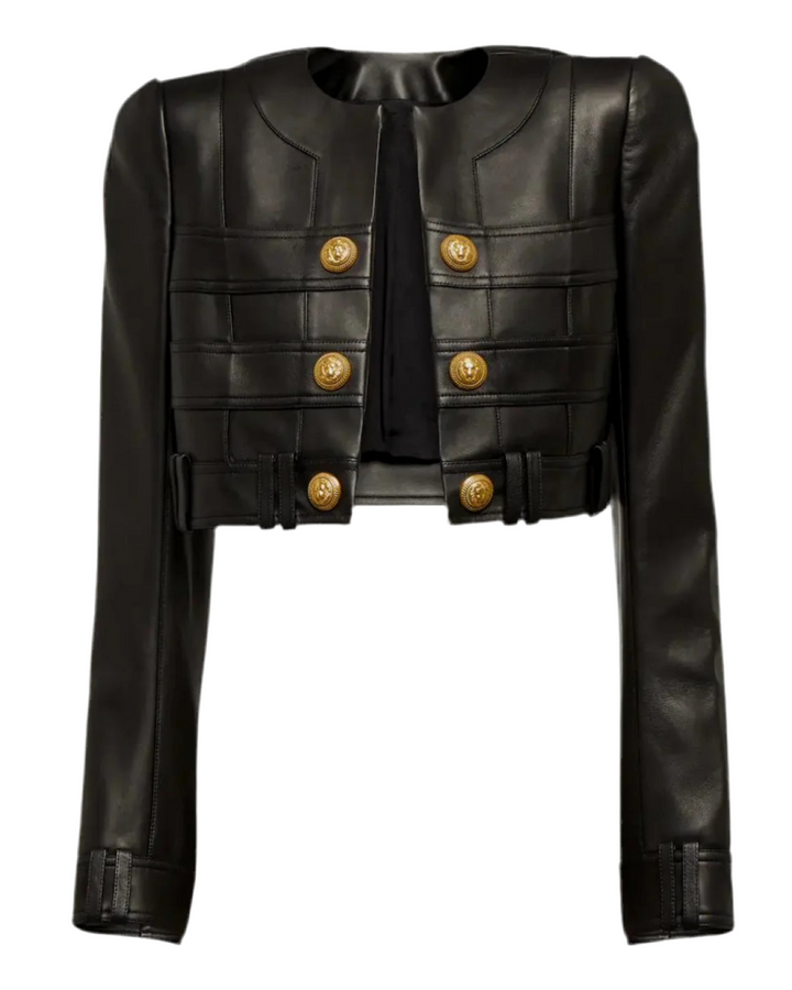 Black Leather Cropped Gold Button Jacket