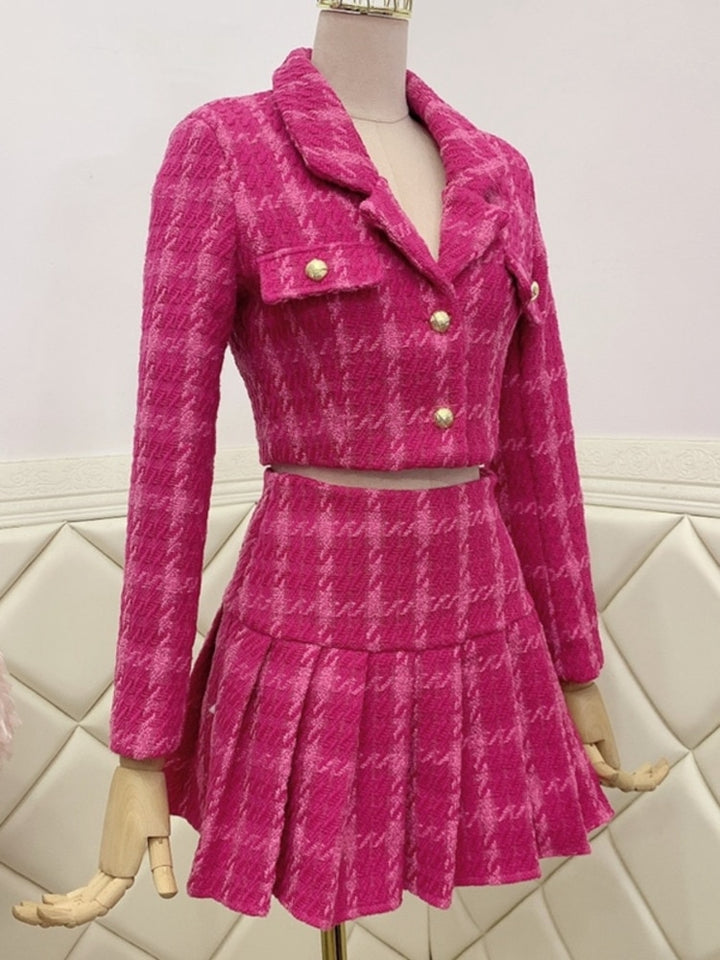 Pink Cropped Tweed Jacket & Pleated Skirt Set