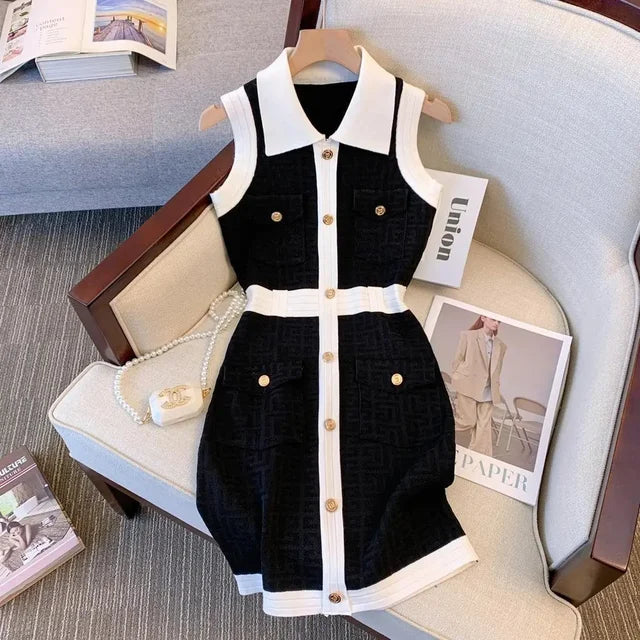 Black & White Couture Gold Button Sleeveless Dress