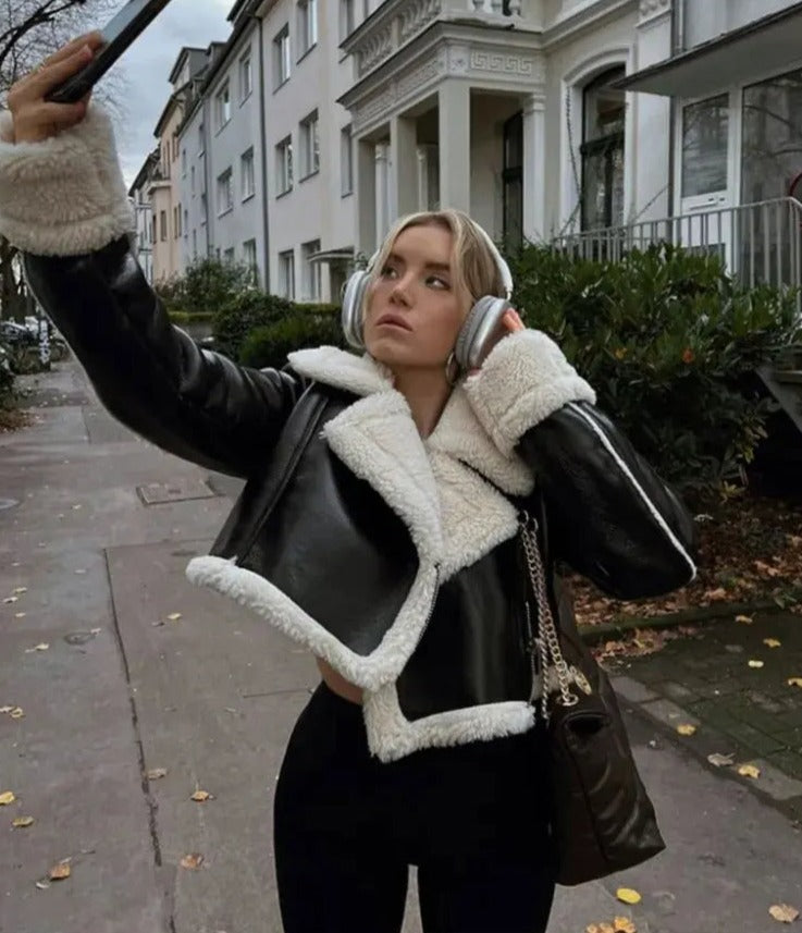 Black Leather Faux Shearling Lambskin Jacket