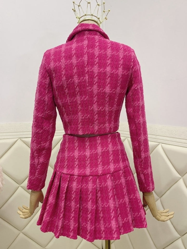 Pink Cropped Tweed Jacket & Pleated Skirt Set