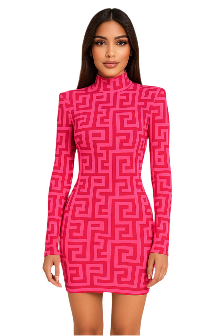 Pink Jacquard Embroidered High Neck Fitted Dress