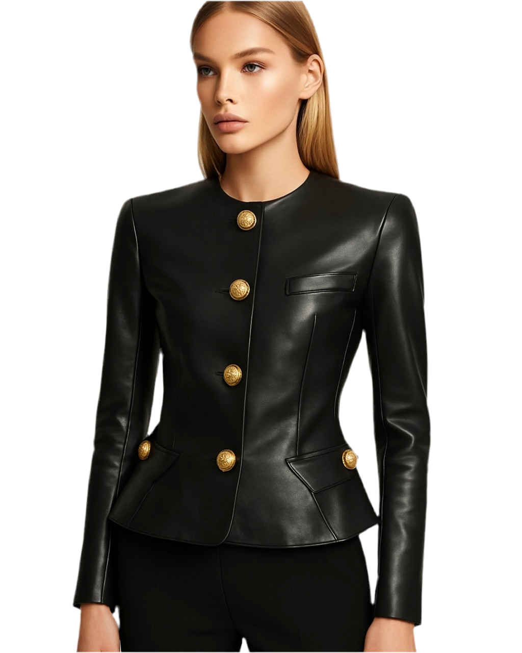 Black Leather Peplum Gold Button Blazer
