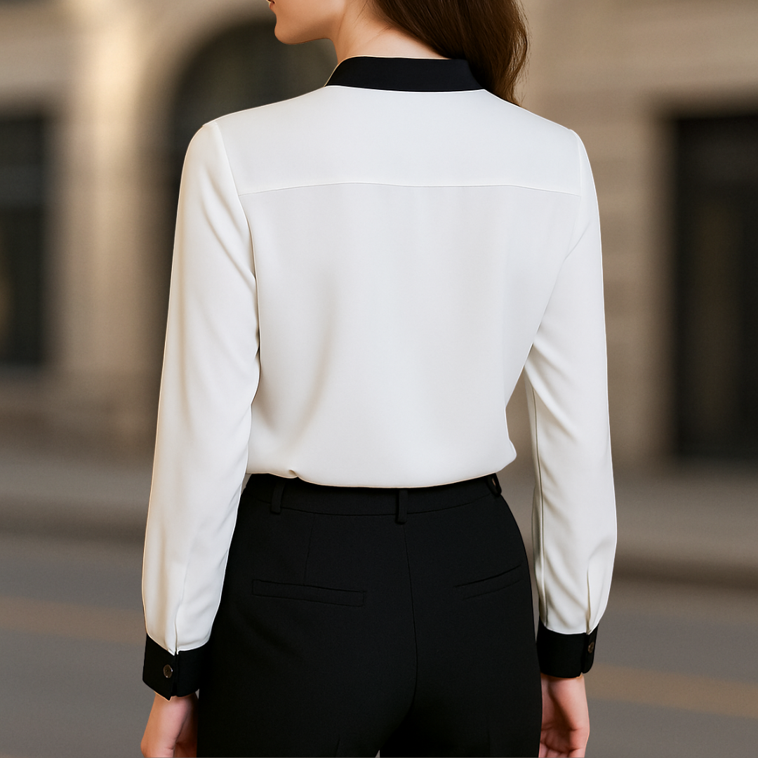 Alice Luxe White V-Neck Women's Blouse With Black Trim