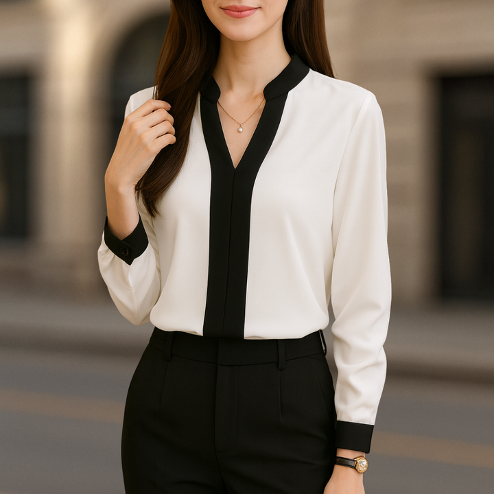 Alice Luxe White V-Neck Women's Blouse With Black Trim