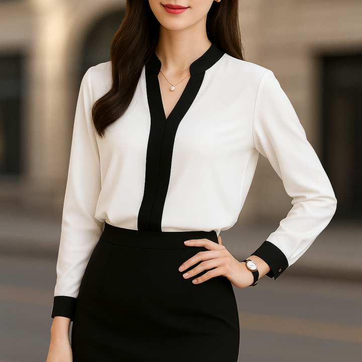 Alice Luxe White V-Neck Women's Blouse With Black Trim