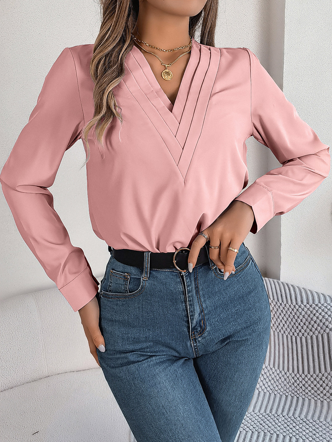 Anastasia Luxe V-Neck Pleated Long Sleeve Women's Blouse
