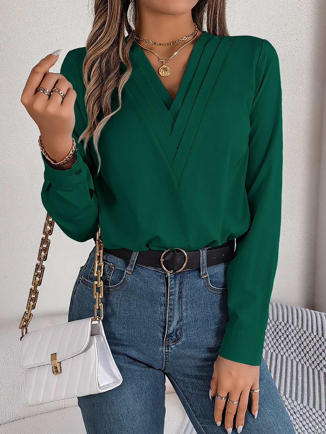 Anastasia Luxe V-Neck Pleated Long Sleeve Women's Blouse