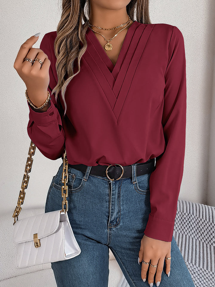 Anastasia Luxe V-Neck Pleated Long Sleeve Women's Blouse