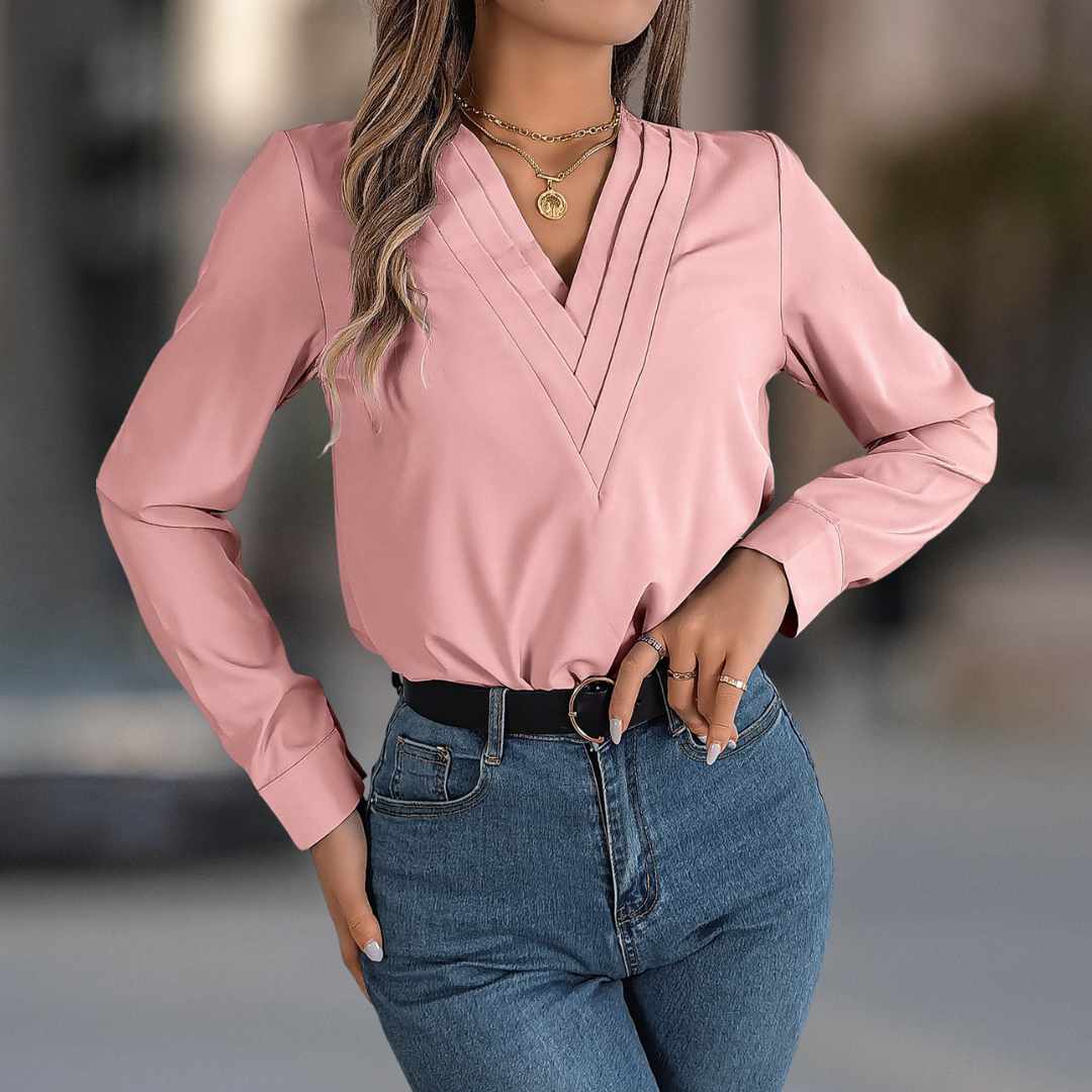 Anastasia Luxe V-Neck Pleated Long Sleeve Women's Blouse