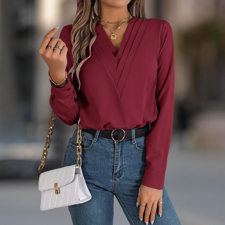 Anastasia Luxe V-Neck Pleated Long Sleeve Women's Blouse