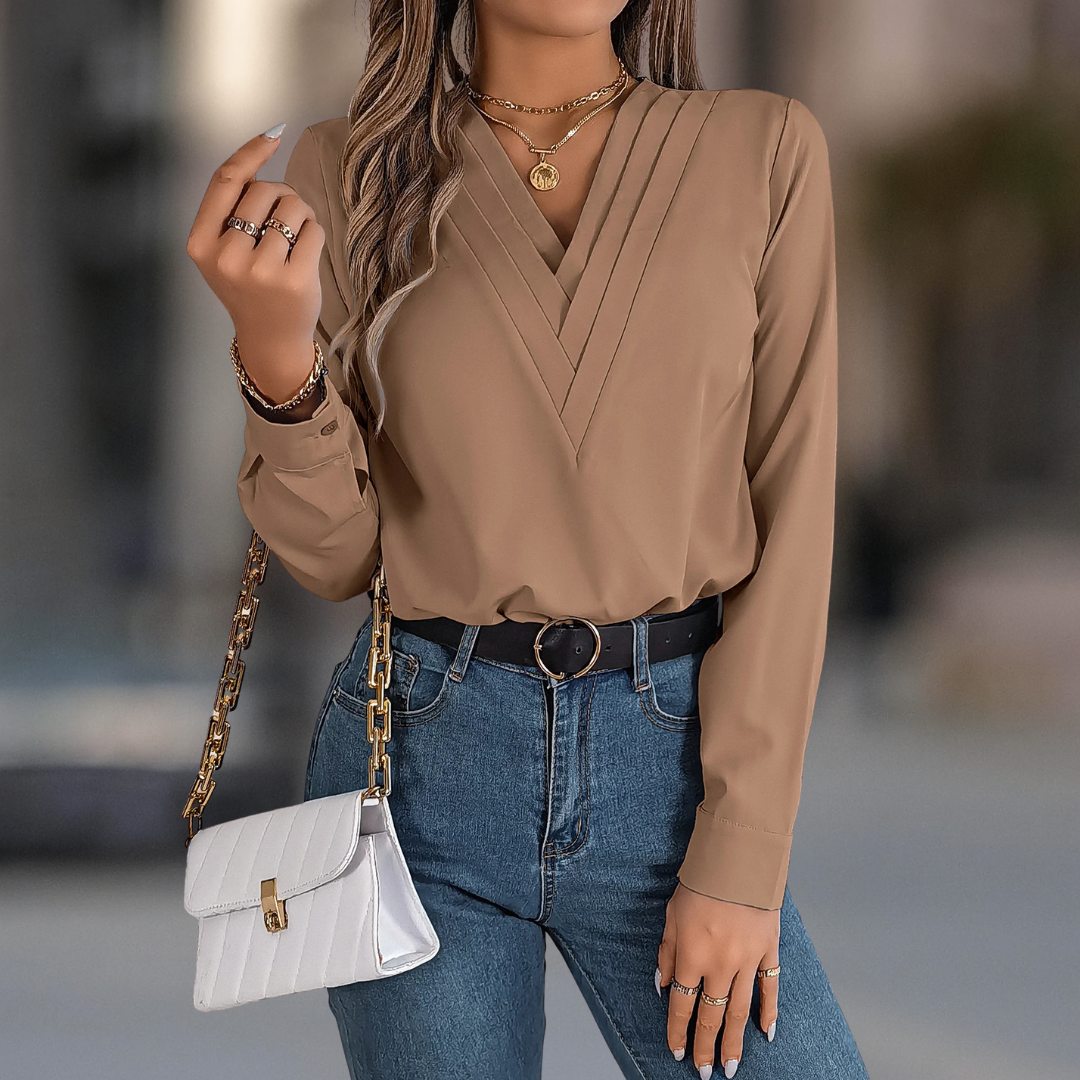 Anastasia Luxe V-Neck Pleated Long Sleeve Women's Blouse