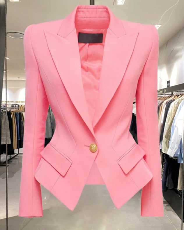 Baby Pink Peak Lapel Gold Button Blazer