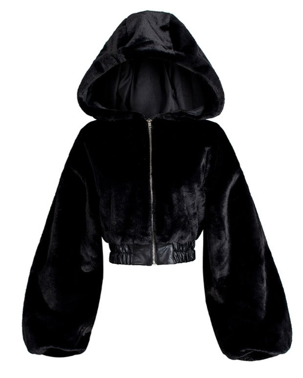 Black Hooded Faux Fox Fur Bomber Jacket