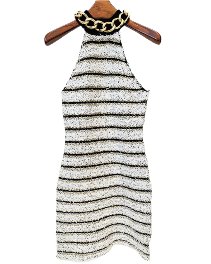 Gold Chain Sleeveless Knit Striped Dress