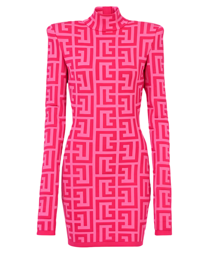 Pink Jacquard Embroidered High Neck Fitted Dress