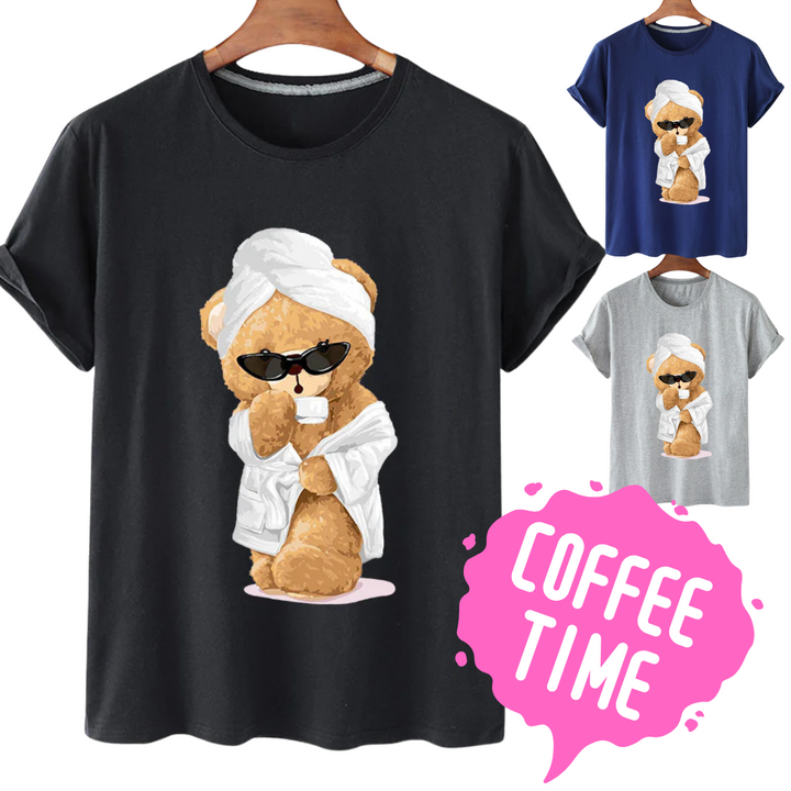 "Coffee, Robe & Chill" Bear Short Sleeved Graphic Tee
