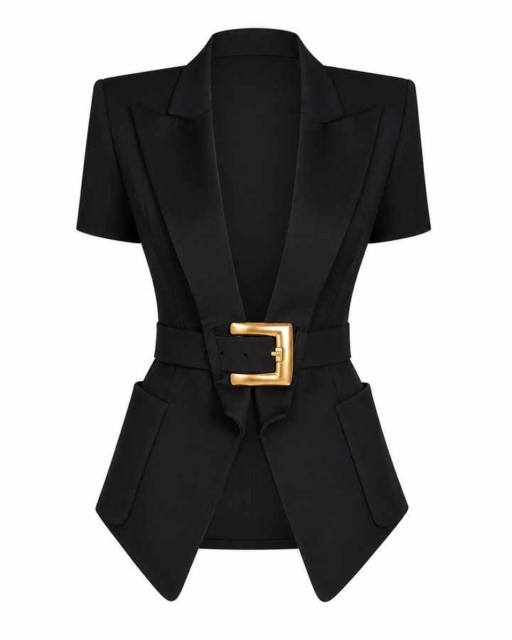 Black Short Sleeve Gold Belted Blazer