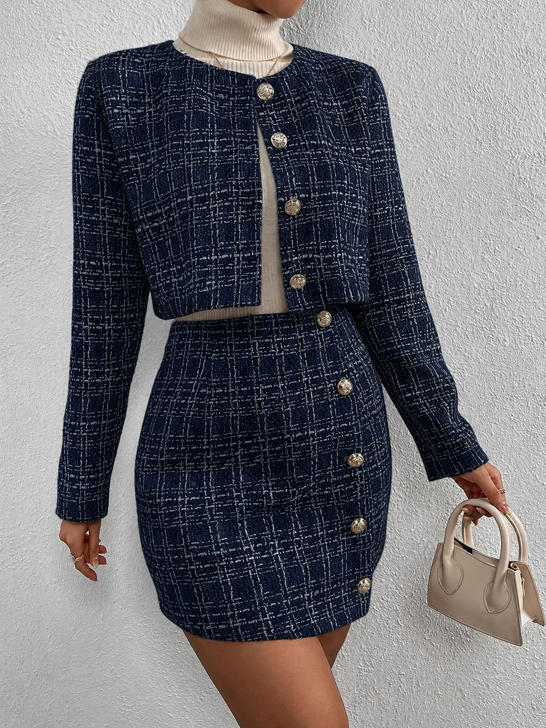 Tweed Silver Button Matching Jacket & Skirt Set