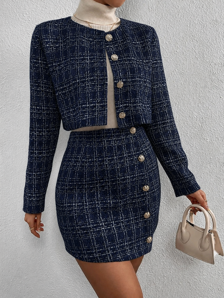Tweed Silver Button Matching Jacket & Skirt Set