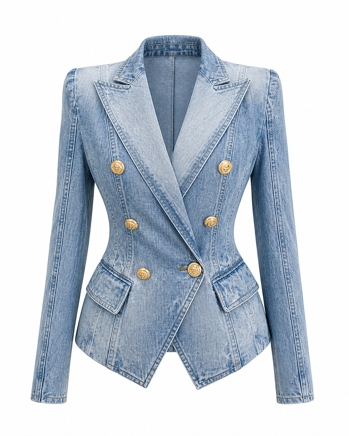 Denim Washed Double Breasted Gold Button Blazer