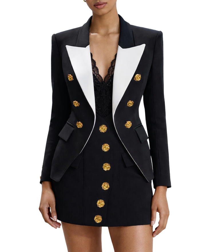 Black & White Double Breasted Gold Floral Button Blazer