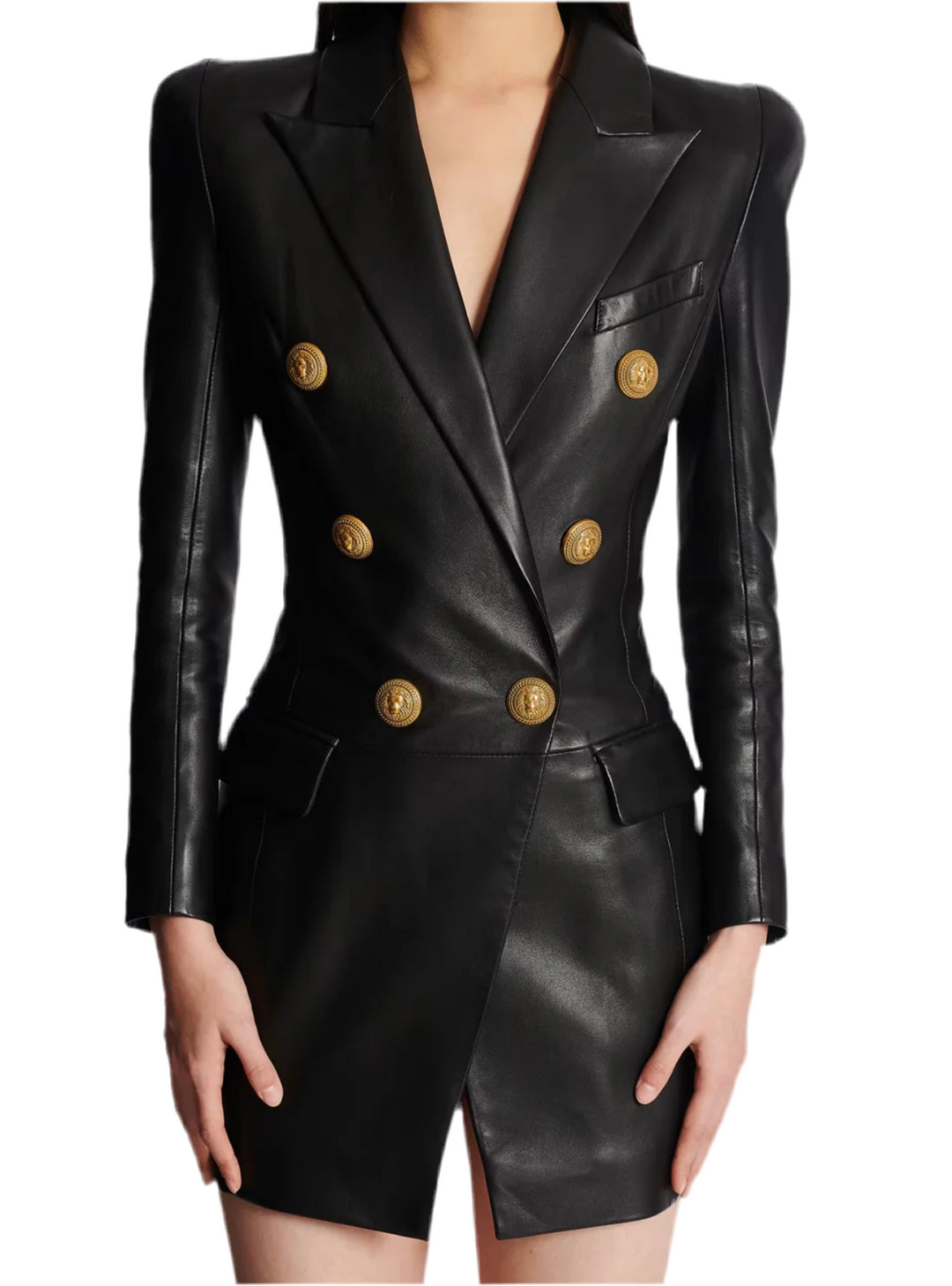 Black Leather Gold Button Blazer Dress