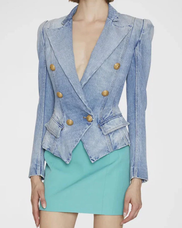 Denim Peak Lapel Double Breasted Gold Button Blazer