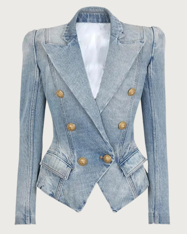 Denim Peak Lapel Double Breasted Gold Button Blazer