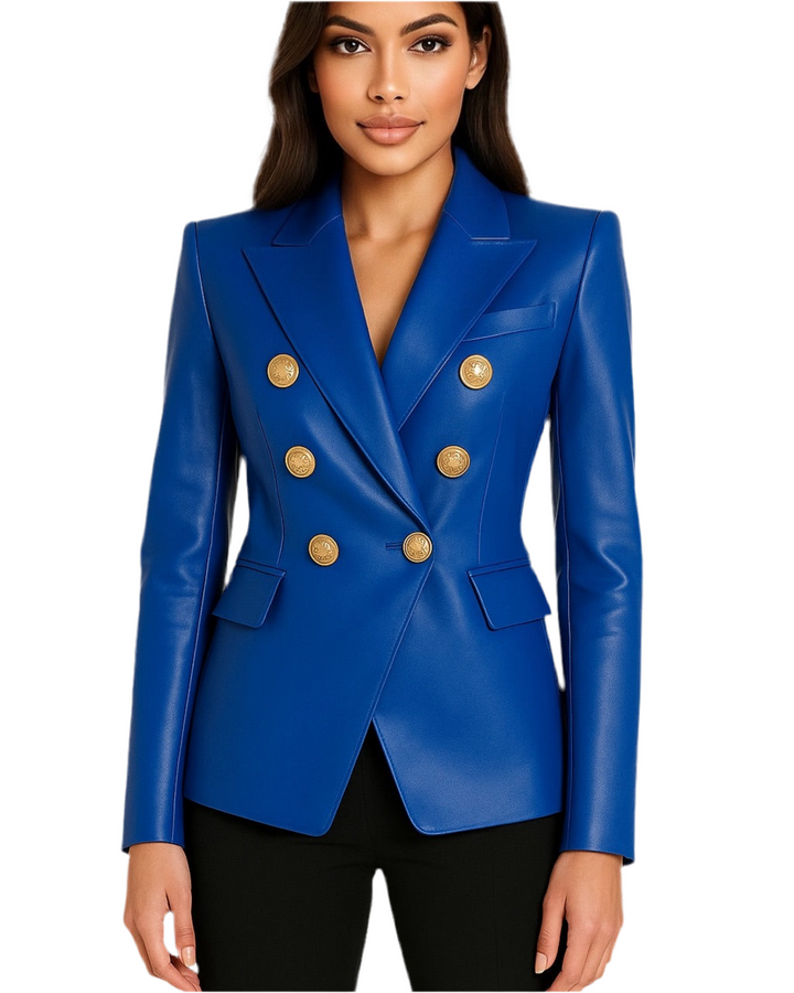 Cobalt Blue Leather Gold Button Blazer